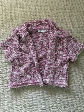 Zara Pink and White Tweed Short Sleeve Cropped Jacket